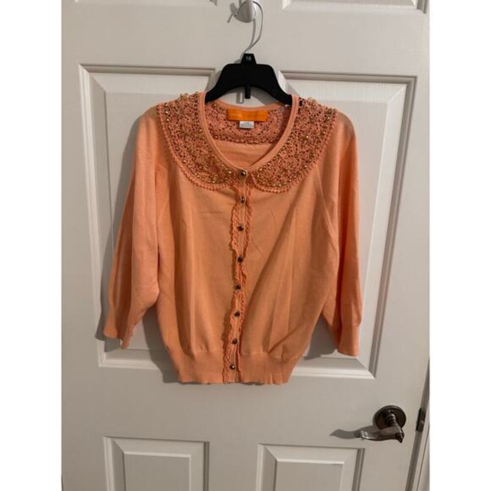 Cynthia Steffe Beaded Crochet Button Ruffle Front Cardigan Lightweight Coral L